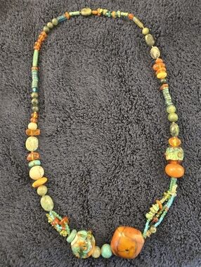 Handcrafted Orange and Green Beaded Women's Necklace-vintage.